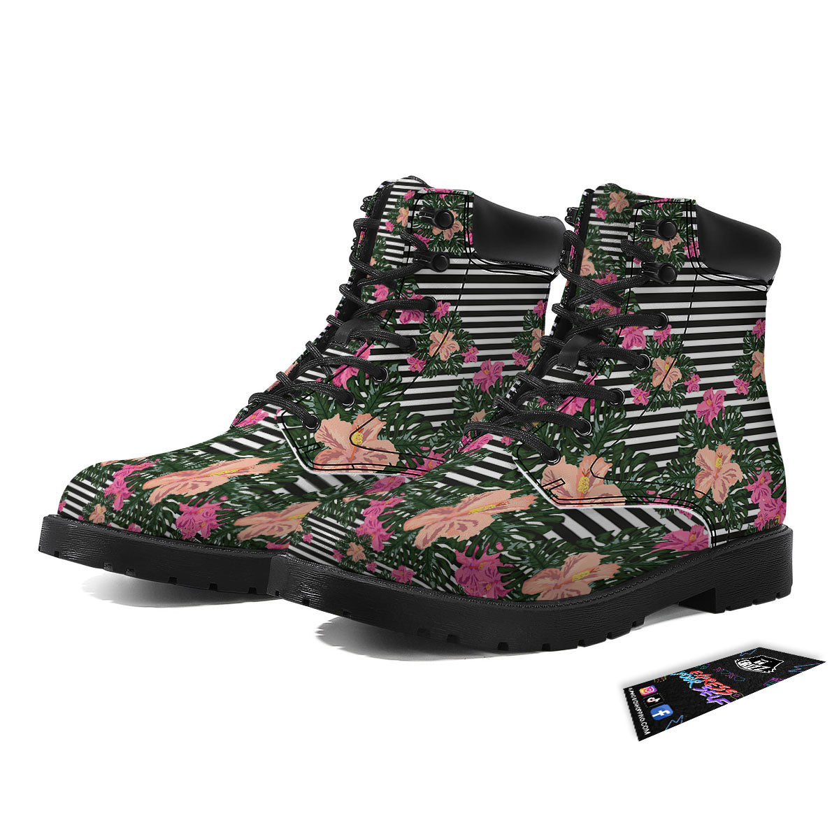 Striped Plumeria Flower Print Pattern Boots-grizzshop