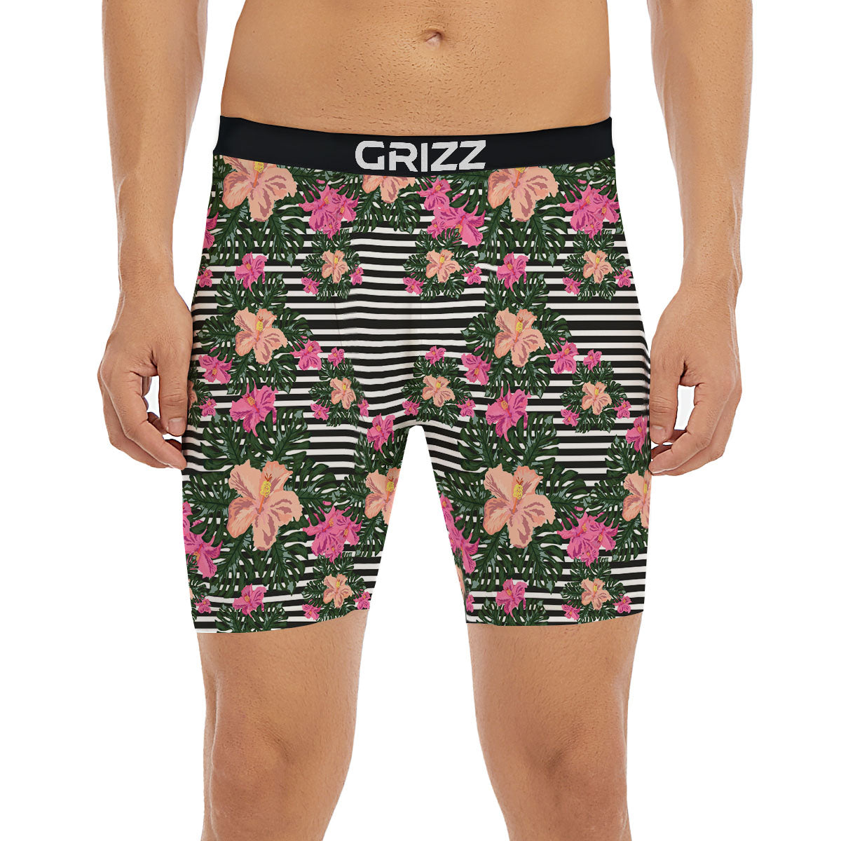 Striped Plumeria Flower Print Pattern Boxer Briefs-grizzshop