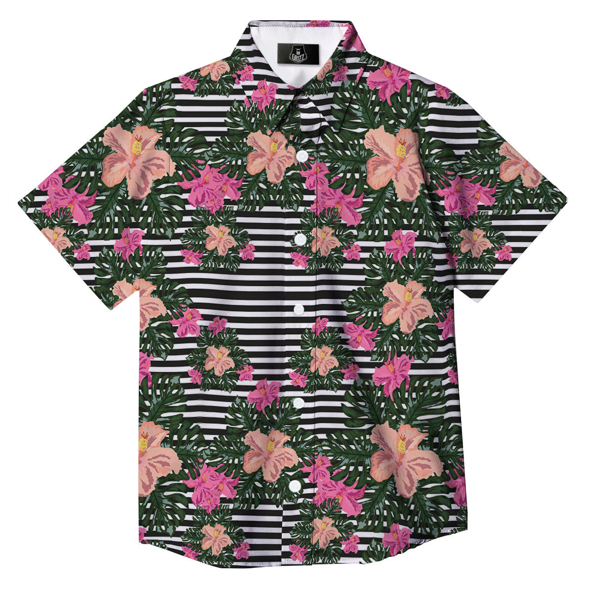 Striped Plumeria Flower Print Pattern Button Up Shirt-grizzshop