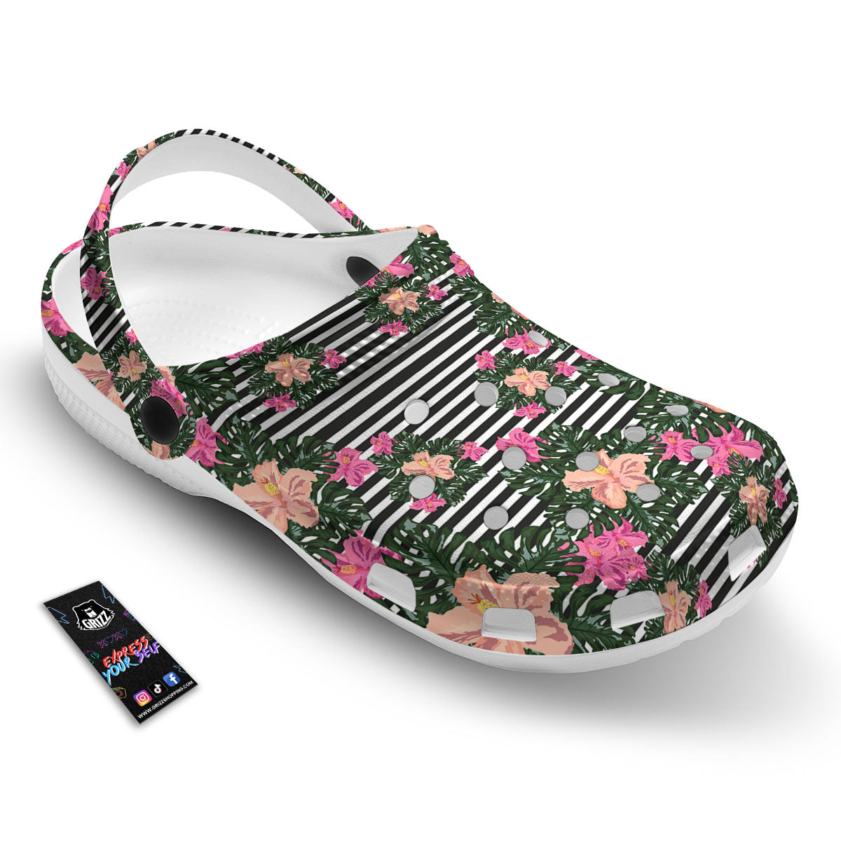 Striped Plumeria Flower Print Pattern Clog-grizzshop