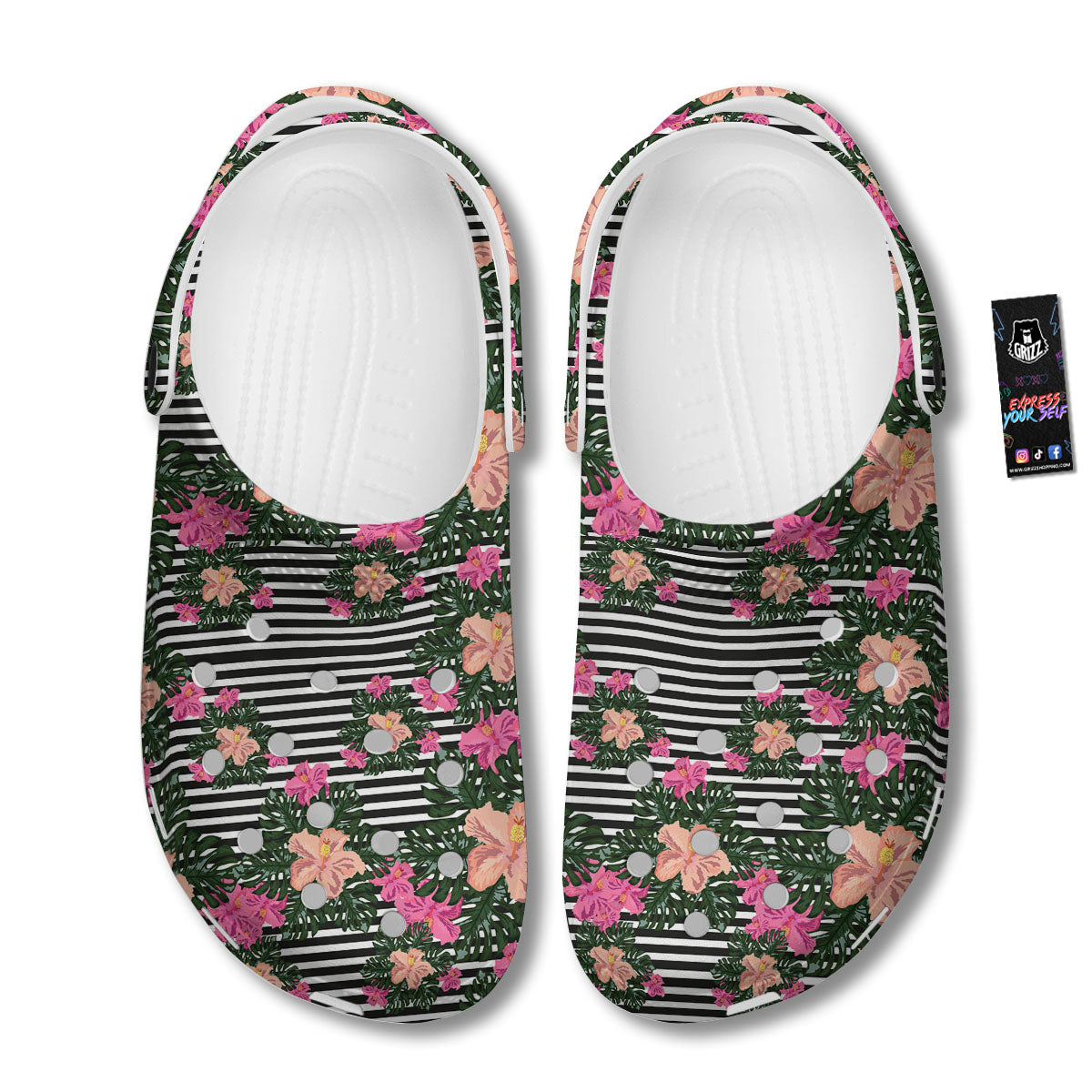Striped Plumeria Flower Print Pattern Clog-grizzshop