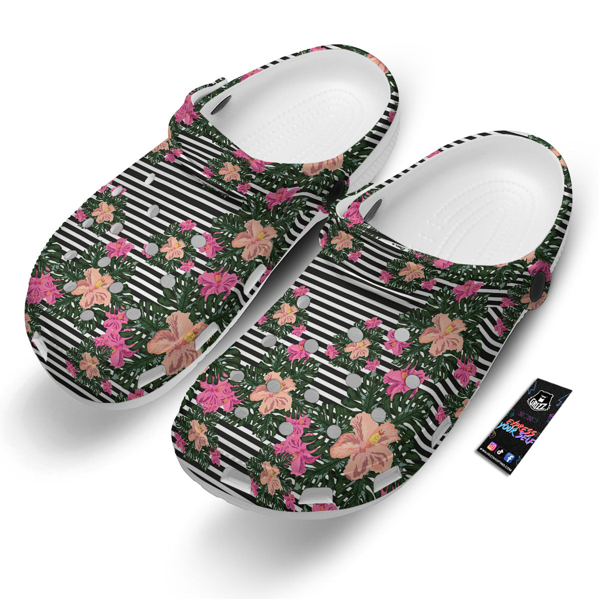 Striped Plumeria Flower Print Pattern Clog-grizzshop