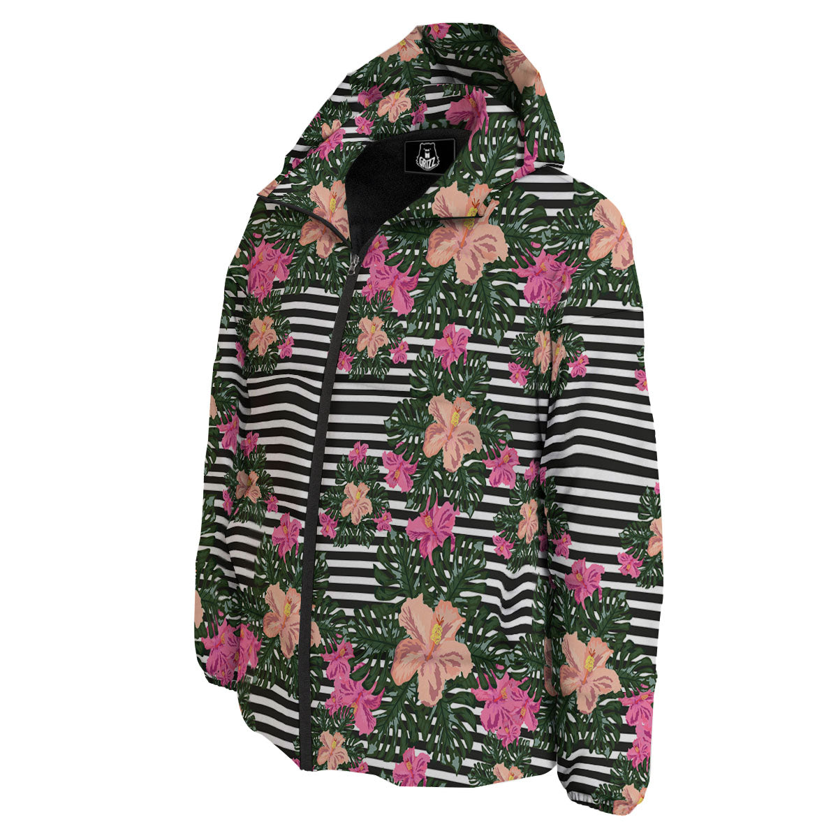 Striped Plumeria Flower Print Pattern Down Jacket-grizzshop
