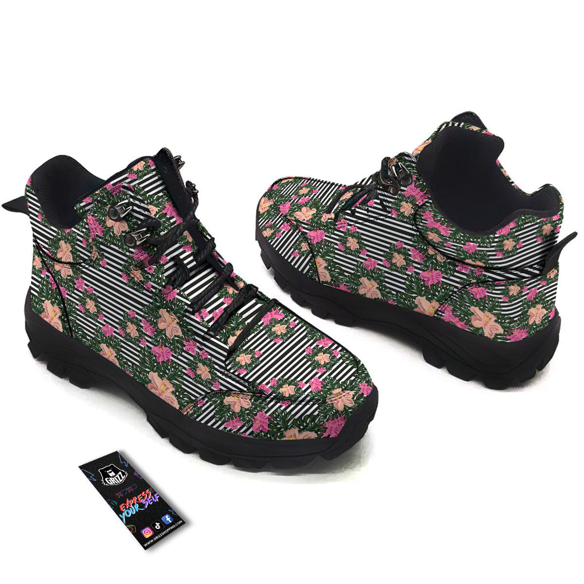 Striped Plumeria Flower Print Pattern Hiking Shoes-grizzshop