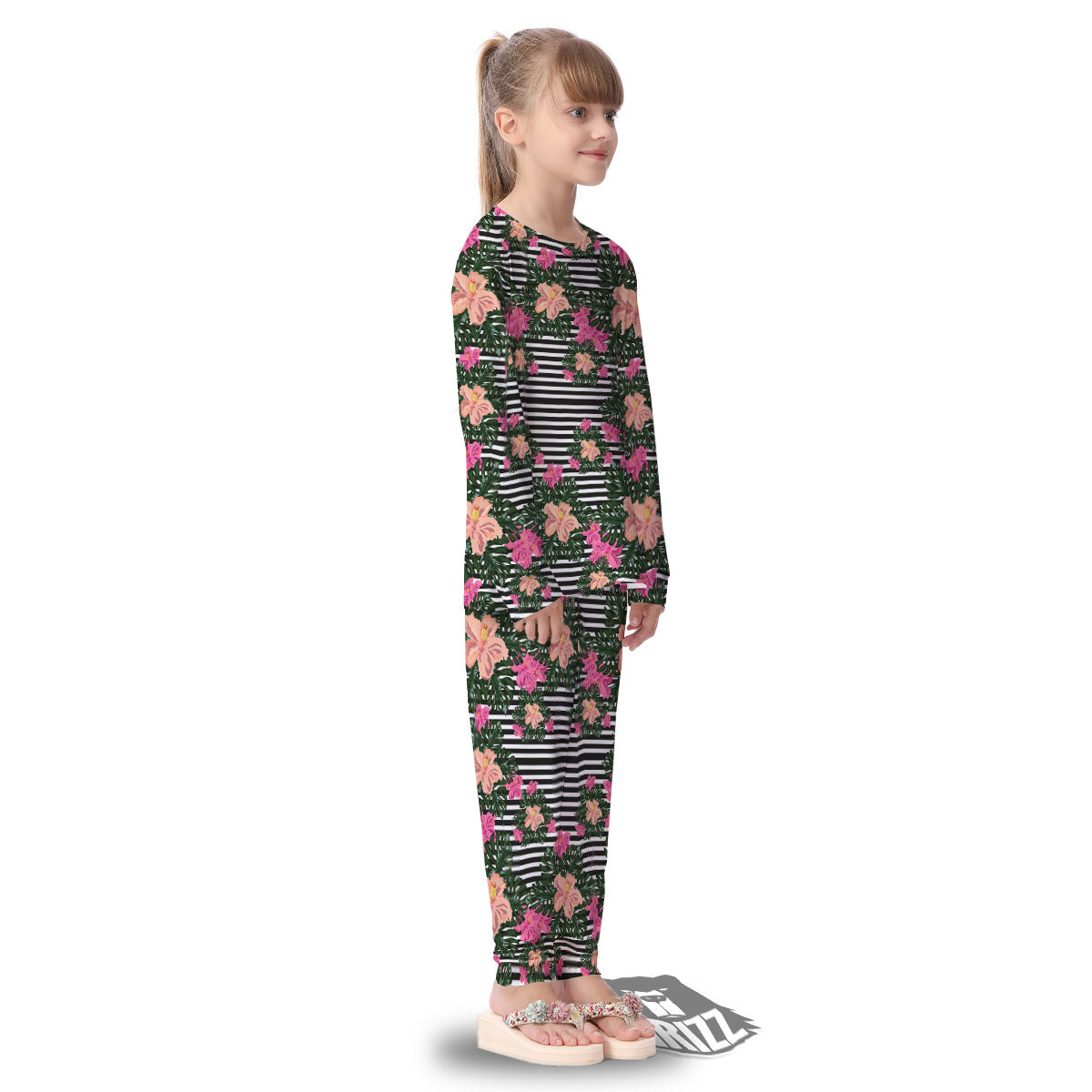 Striped Plumeria Flower Print Pattern Kid's Pajamas-grizzshop