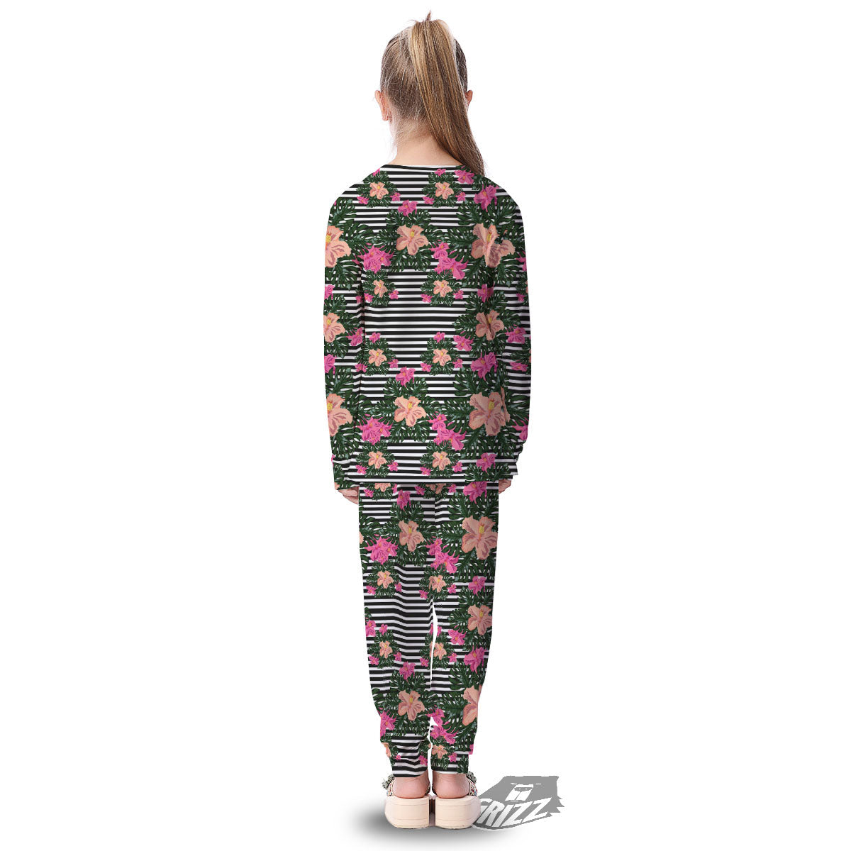 Striped Plumeria Flower Print Pattern Kid's Pajamas-grizzshop