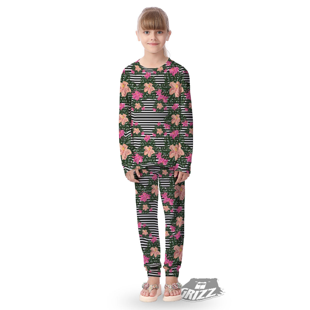 Striped Plumeria Flower Print Pattern Kid's Pajamas-grizzshop