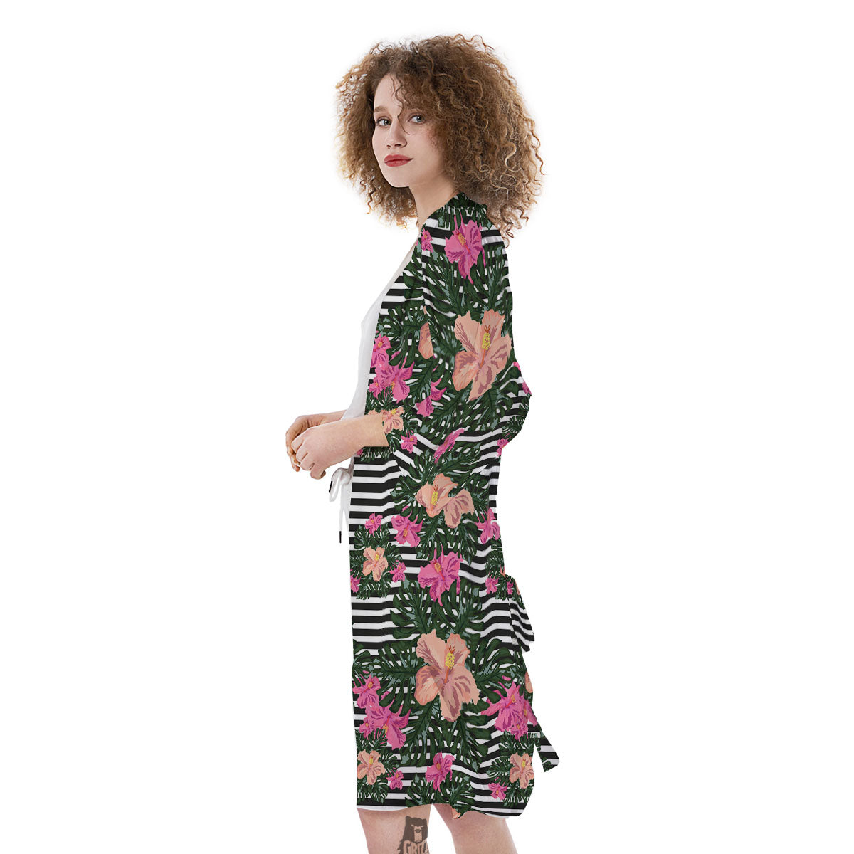Striped Plumeria Flower Print Pattern Kimono-grizzshop