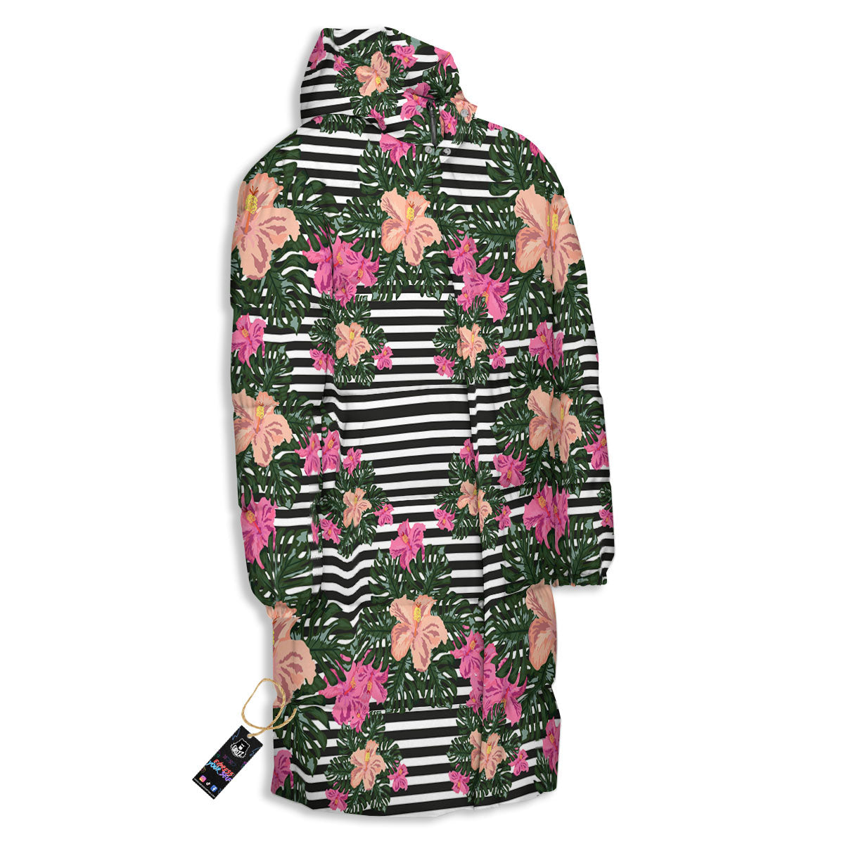 Striped Plumeria Flower Print Pattern Long Down Jacket-grizzshop