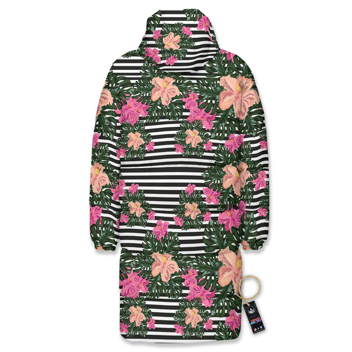 Striped Plumeria Flower Print Pattern Long Down Jacket-grizzshop