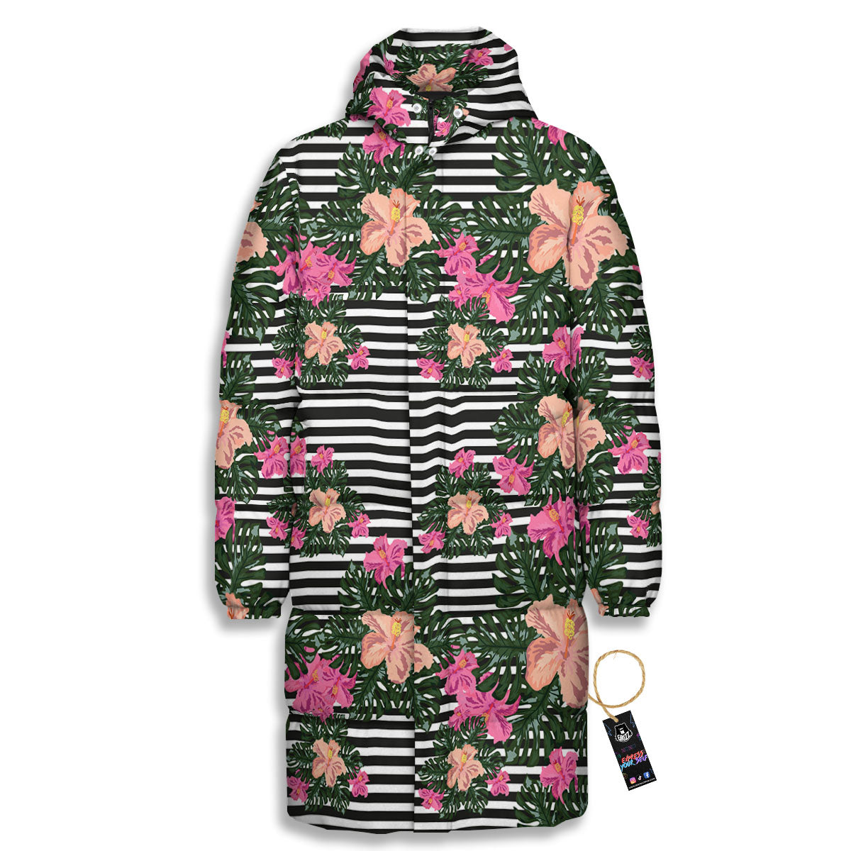 Striped Plumeria Flower Print Pattern Long Down Jacket-grizzshop