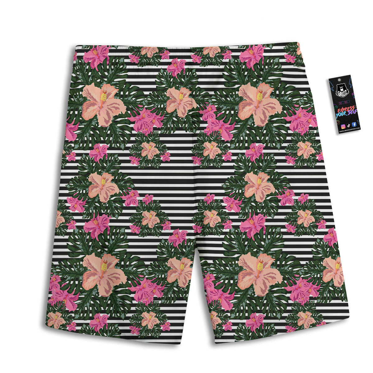 Striped Plumeria Flower Print Pattern Men's Athletic Shorts