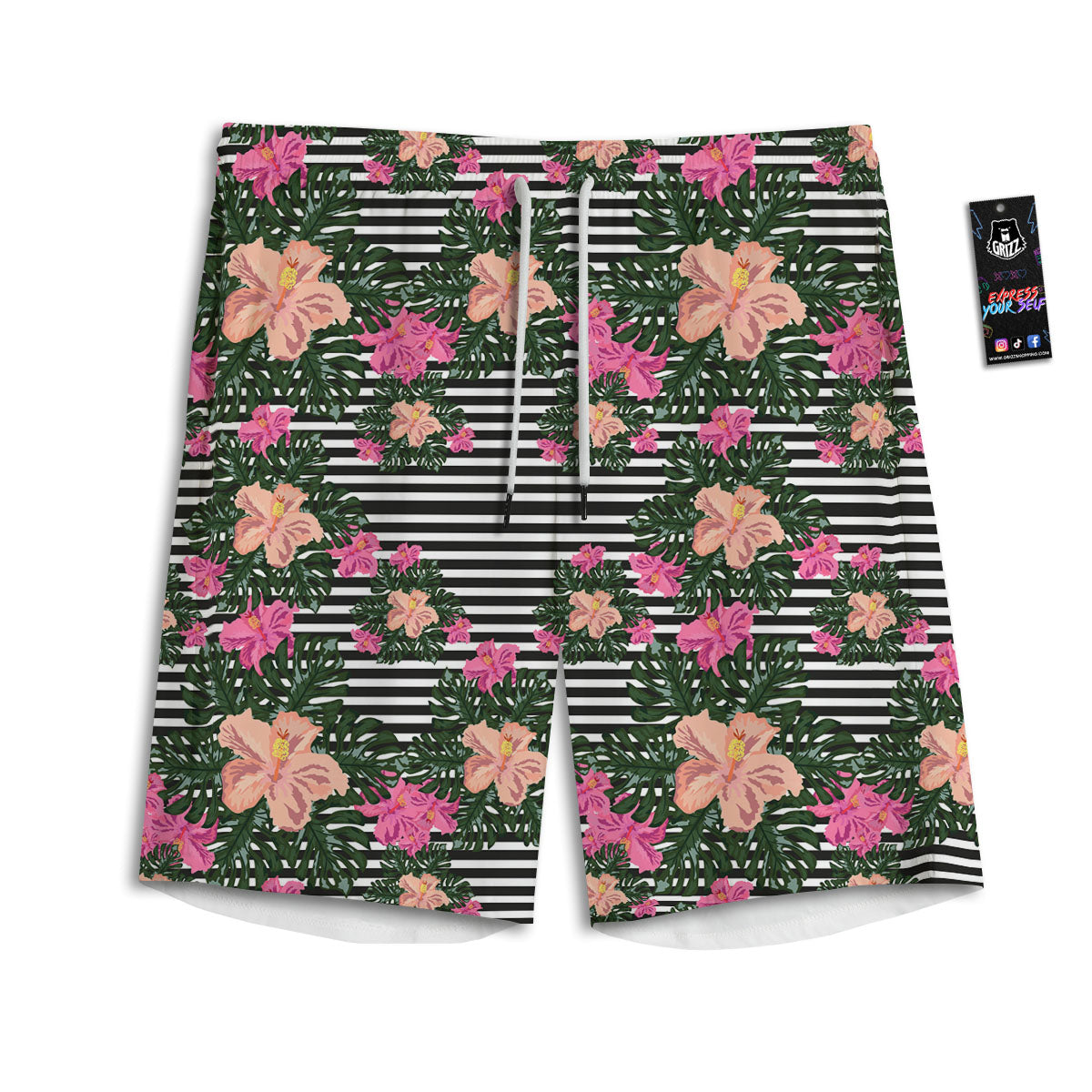 Striped Plumeria Flower Print Pattern Men's Athletic Shorts