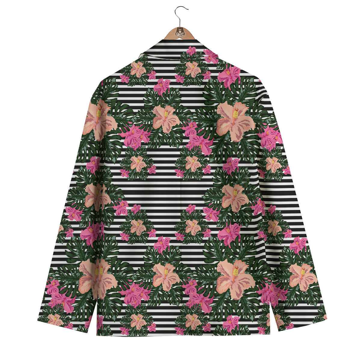 Striped Plumeria Flower Print Pattern Men's Blazer-grizzshop