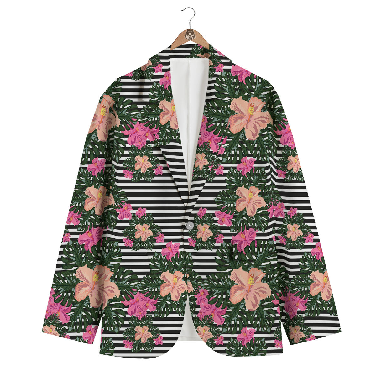 Striped Plumeria Flower Print Pattern Men's Blazer-grizzshop
