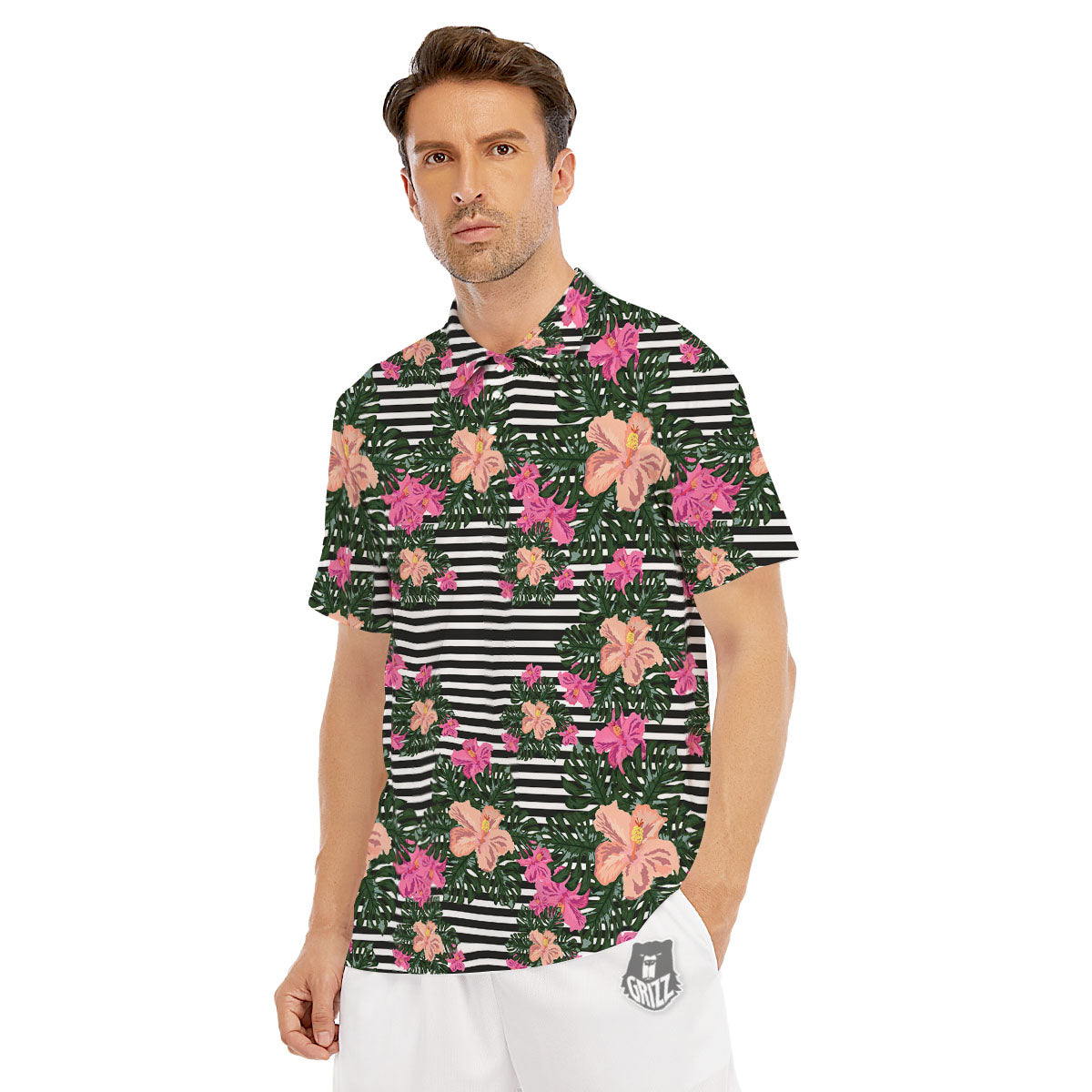 Striped Plumeria Flower Print Pattern Men's Golf Shirts-grizzshop