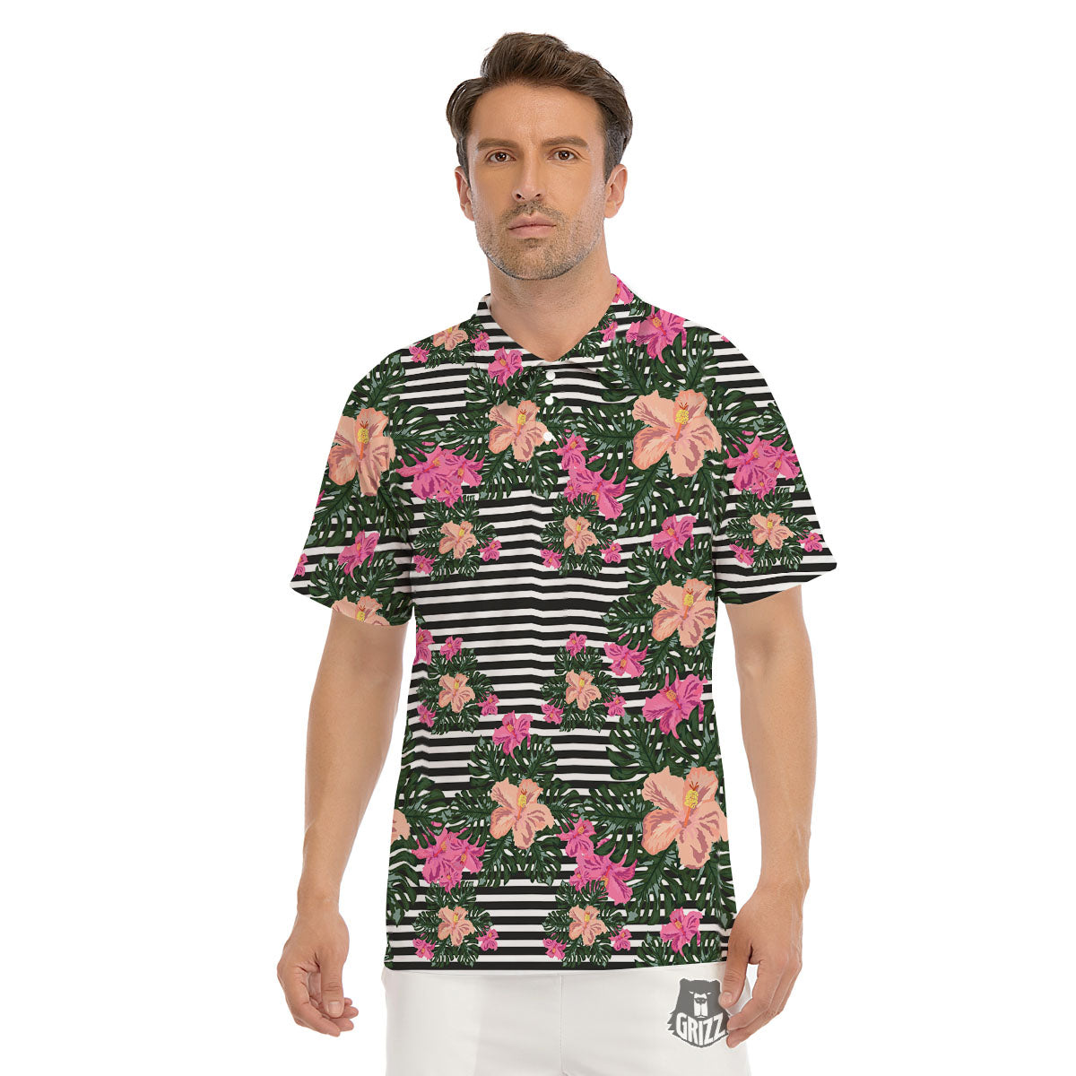 Striped Plumeria Flower Print Pattern Men's Golf Shirts-grizzshop