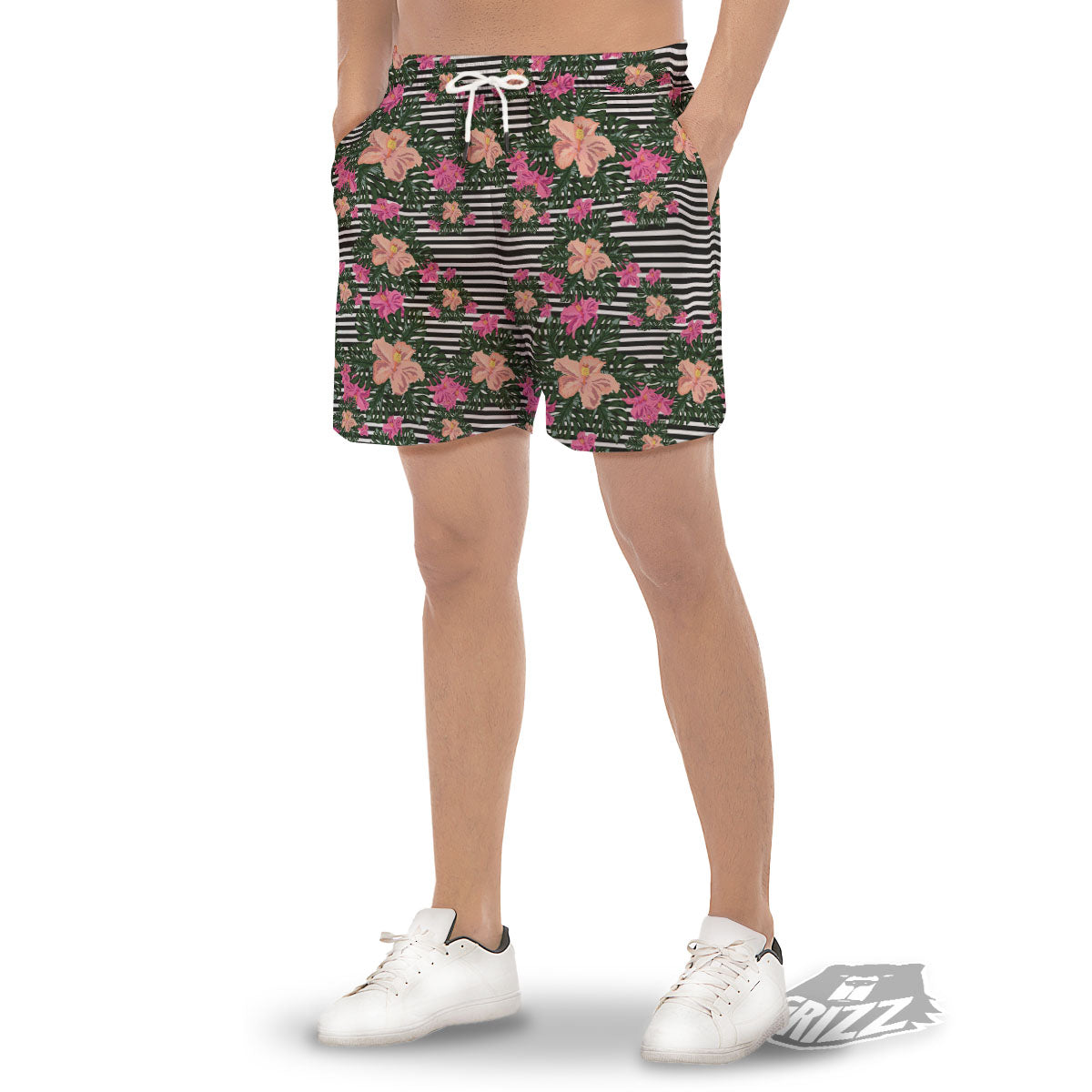 Striped Plumeria Flower Print Pattern Men's Gym Shorts-grizzshop