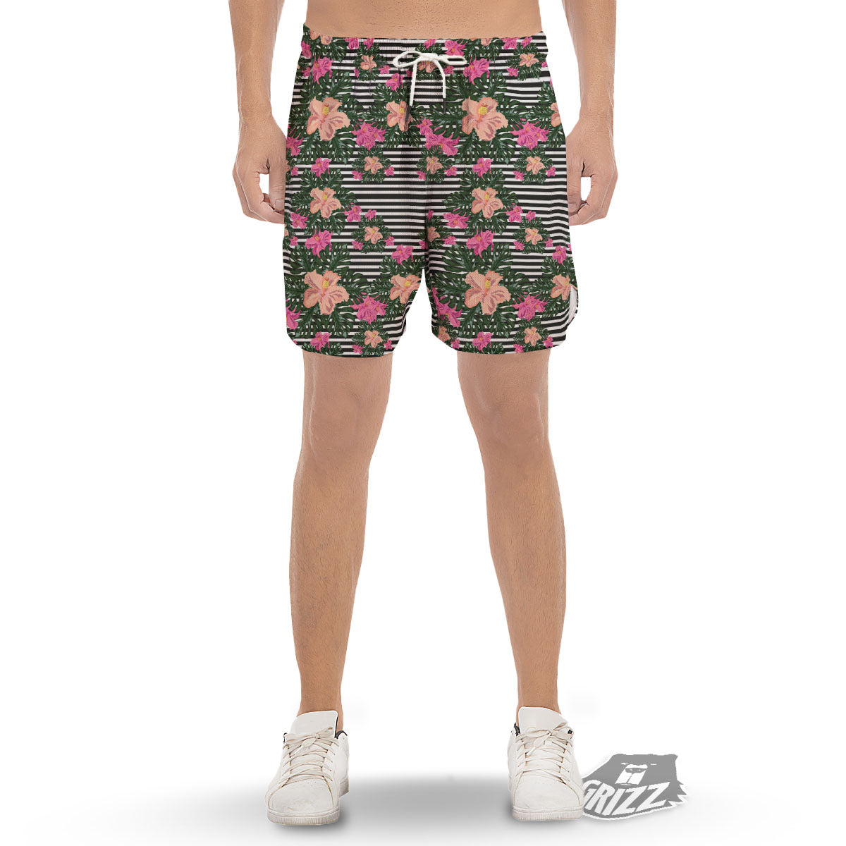 Striped Plumeria Flower Print Pattern Men's Gym Shorts-grizzshop