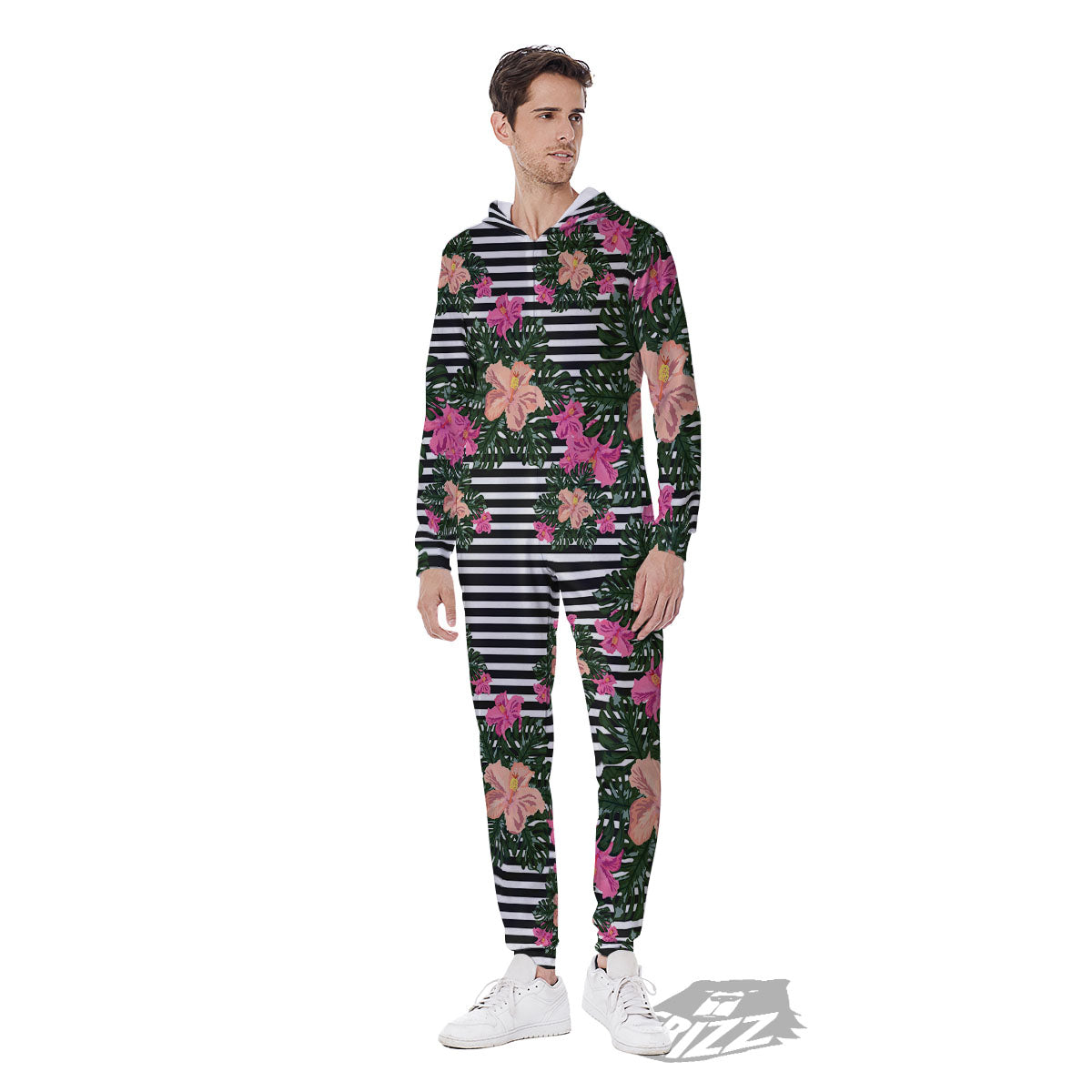 Striped Plumeria Flower Print Pattern Men's Jumpsuit-grizzshop