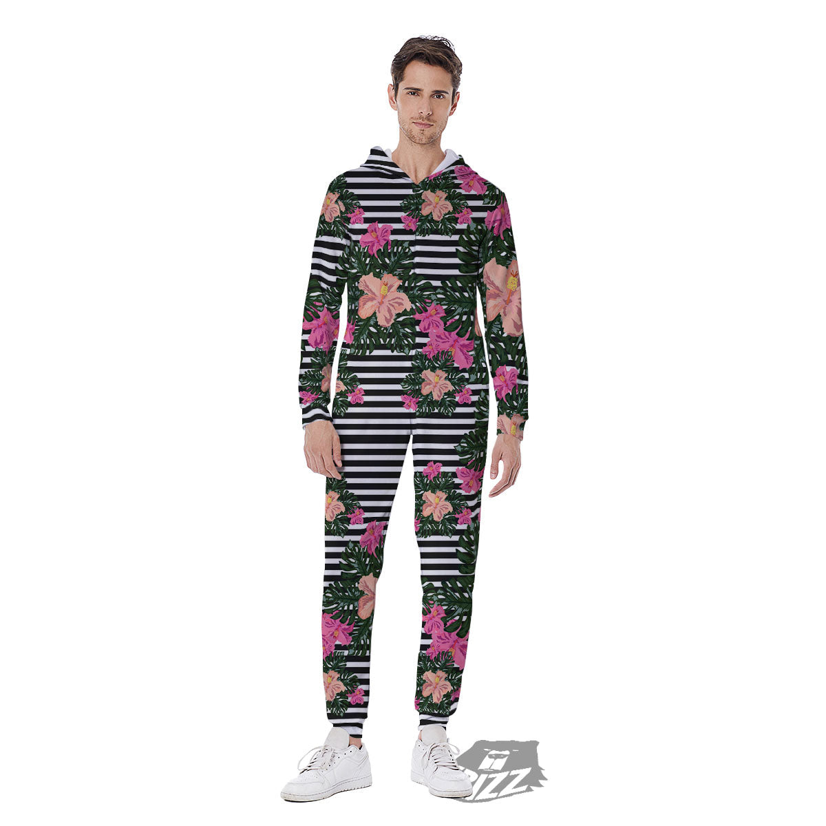 Striped Plumeria Flower Print Pattern Men's Jumpsuit-grizzshop
