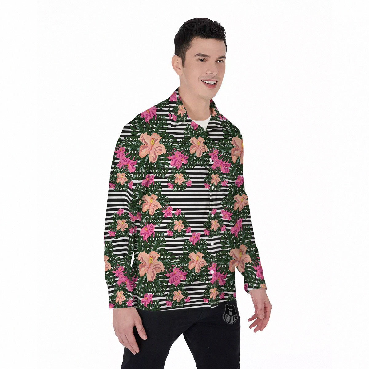 Striped Plumeria Flower Print Pattern Men's Long Sleeve Shirts-grizzshop