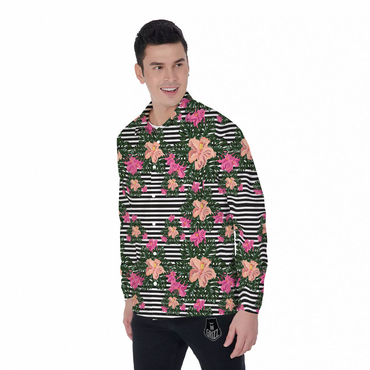 Striped Plumeria Flower Print Pattern Men's Long Sleeve Shirts-grizzshop