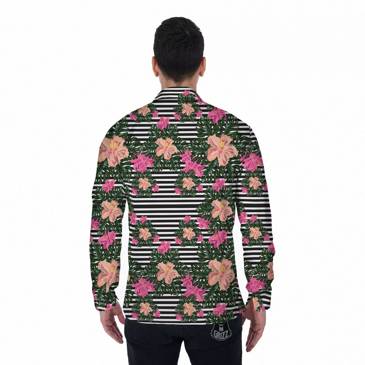 Striped Plumeria Flower Print Pattern Men's Long Sleeve Shirts-grizzshop