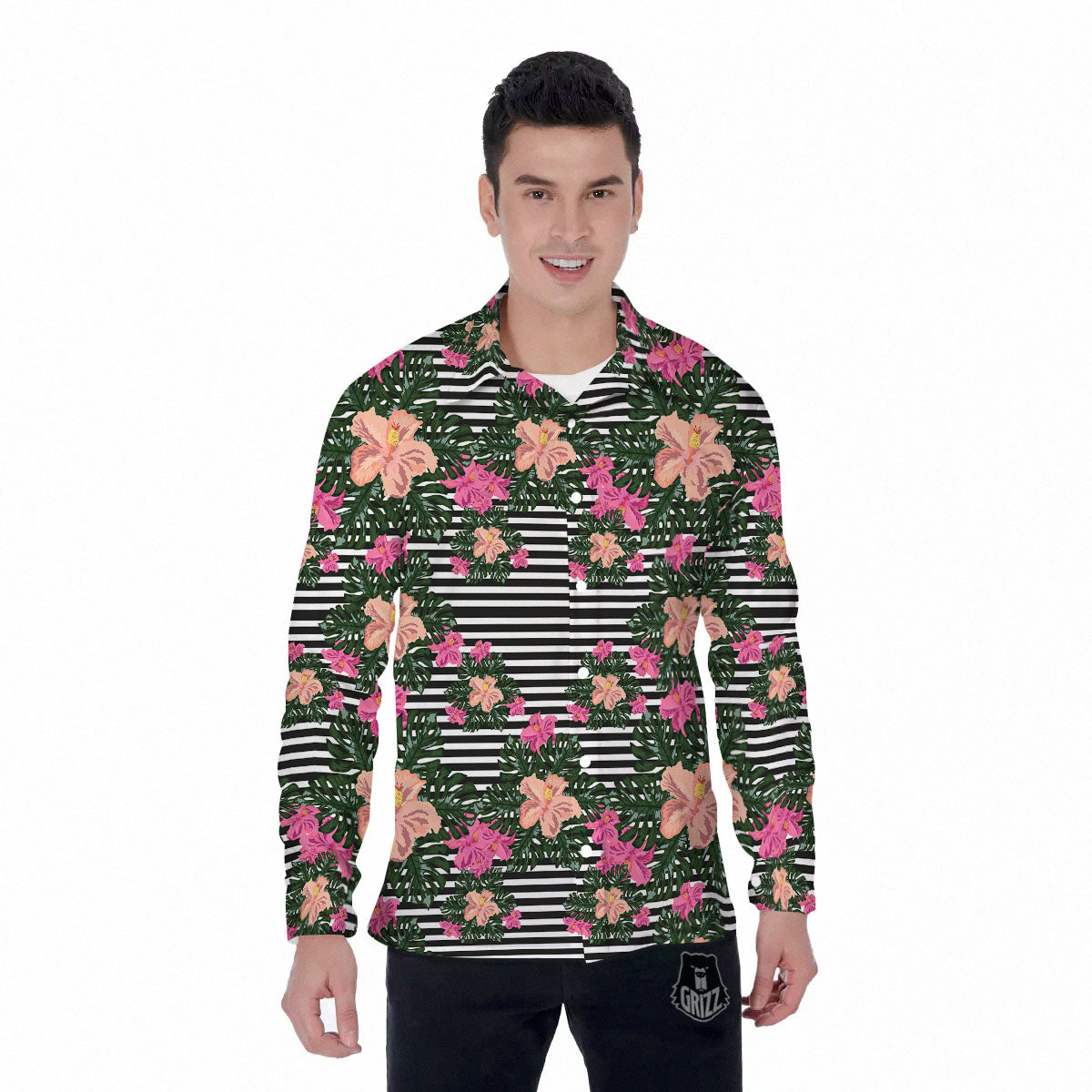 Striped Plumeria Flower Print Pattern Men's Long Sleeve Shirts-grizzshop