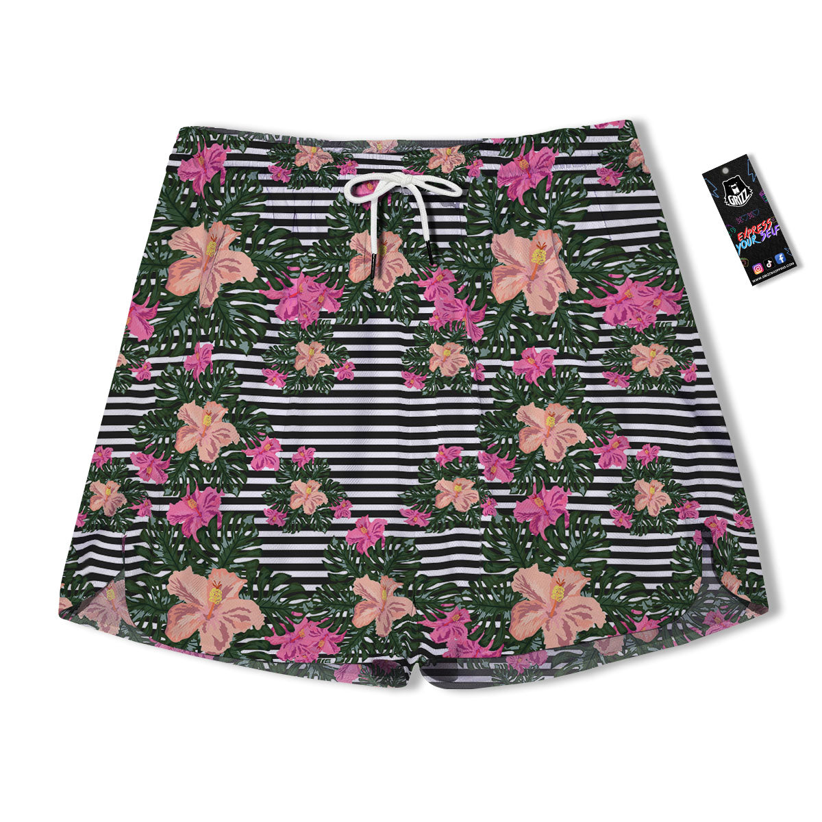 Striped Plumeria Flower Print Pattern Men's Running Shorts-grizzshop