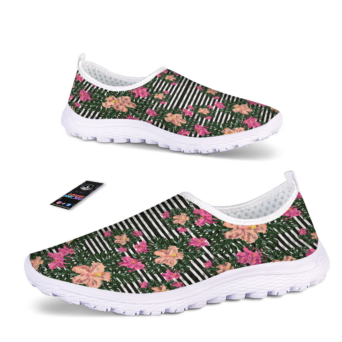 Striped Plumeria Flower Print Pattern Nurse Shoes-grizzshop