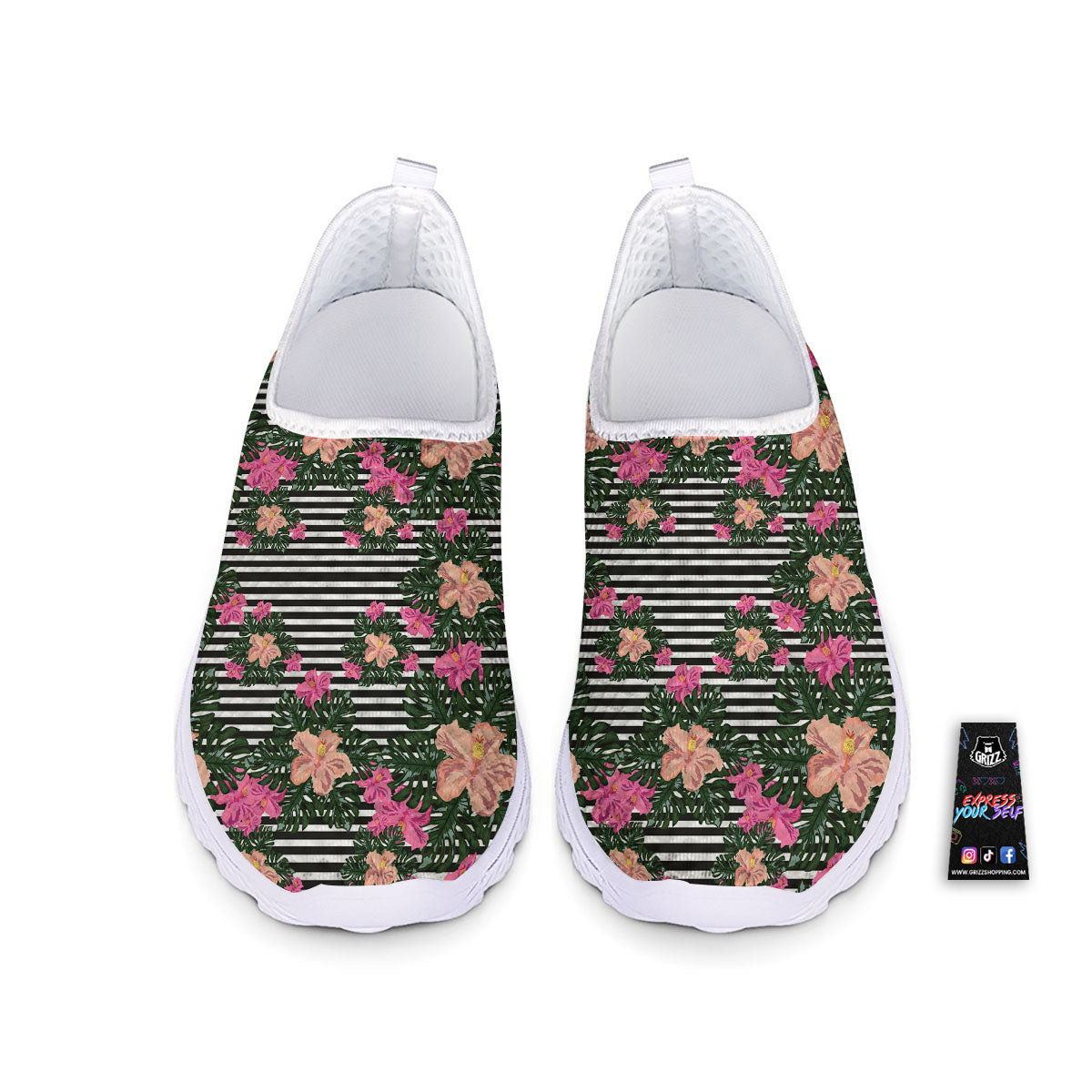 Striped Plumeria Flower Print Pattern Nurse Shoes-grizzshop