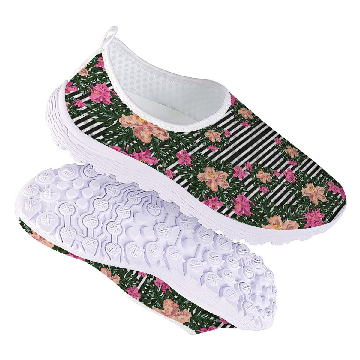Striped Plumeria Flower Print Pattern Nurse Shoes-grizzshop