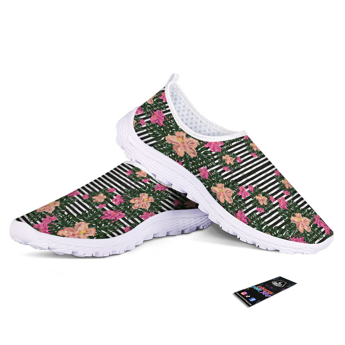 Striped Plumeria Flower Print Pattern Nurse Shoes-grizzshop