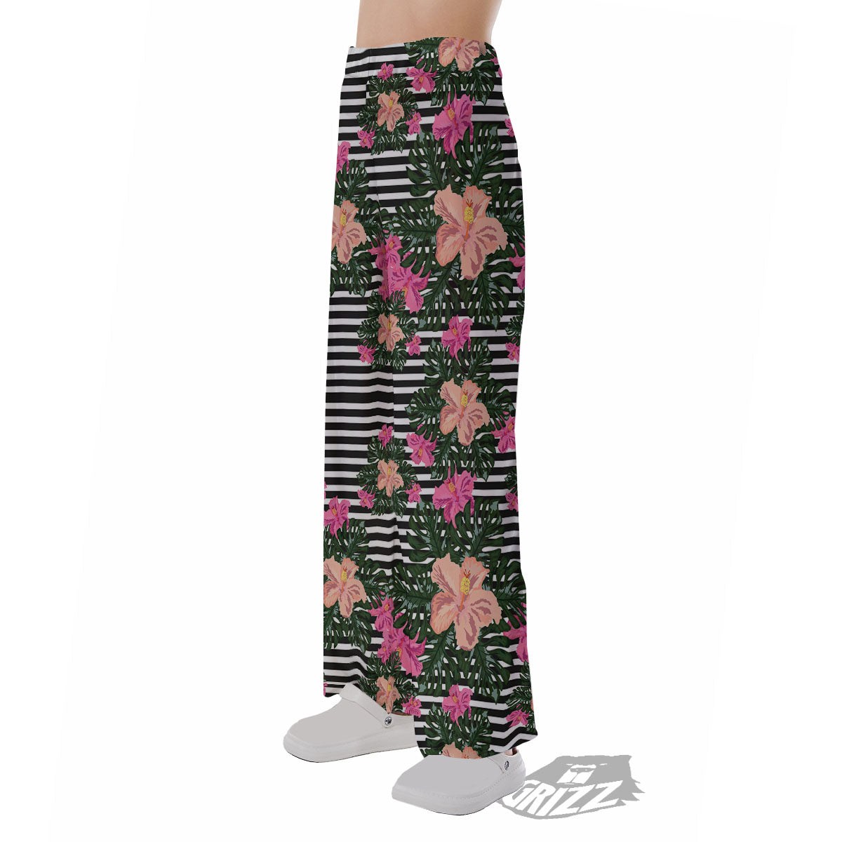 Striped Plumeria Flower Print Pattern Pajama Pants-grizzshop