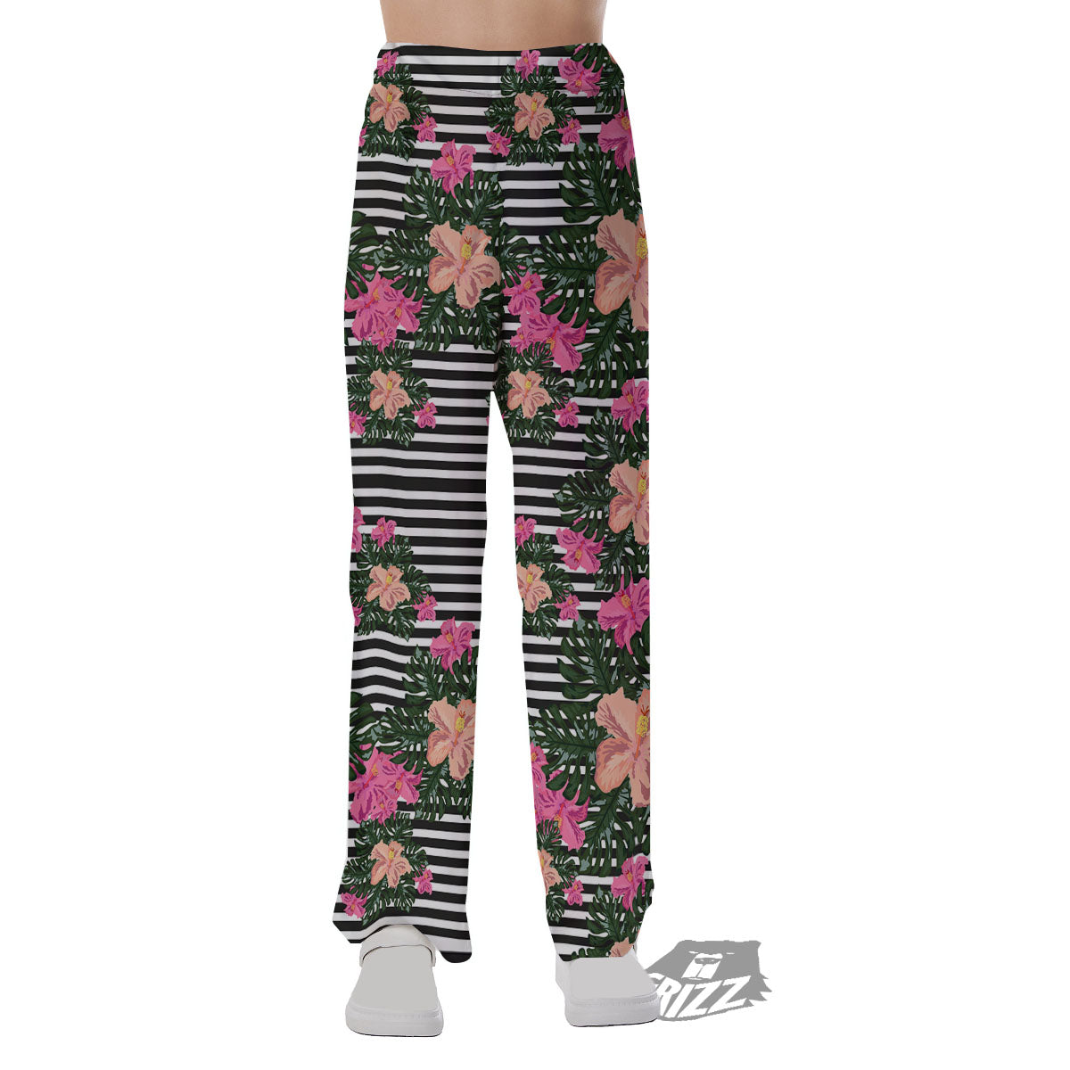 Striped Plumeria Flower Print Pattern Pajama Pants-grizzshop