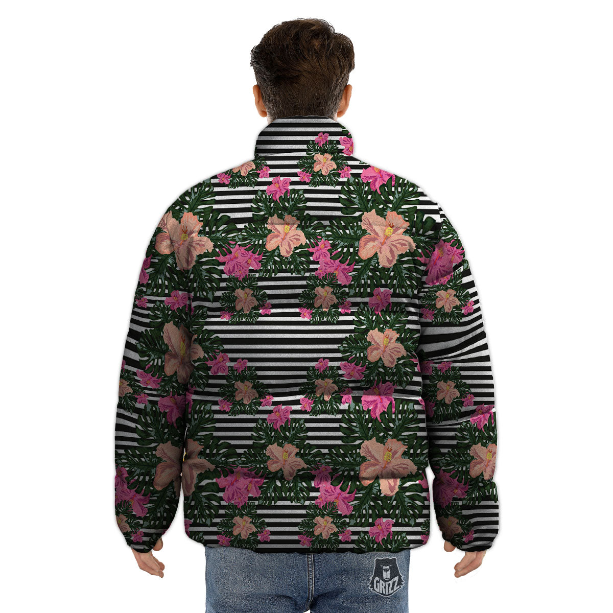 Striped Plumeria Flower Print Pattern Puffer Jacket-grizzshop