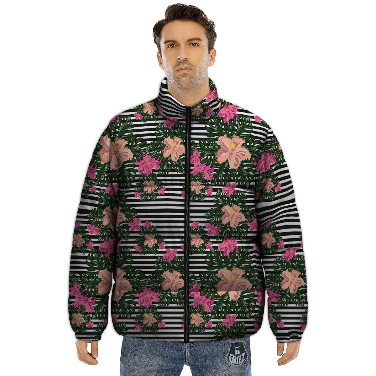 Striped Plumeria Flower Print Pattern Puffer Jacket-grizzshop
