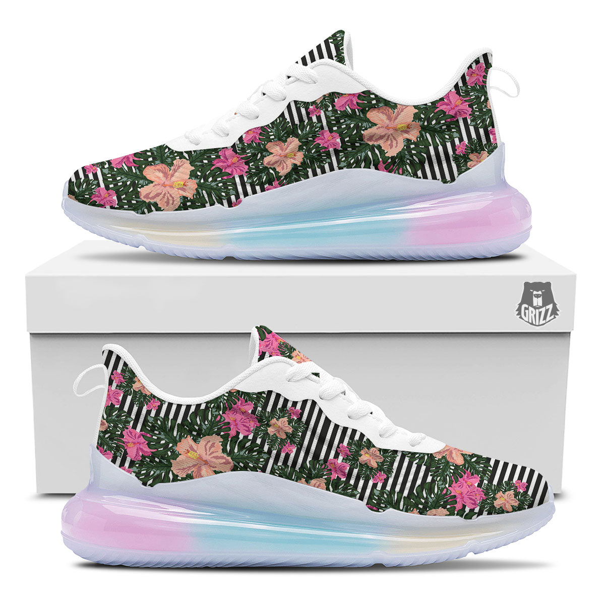 Striped Plumeria Flower Print Pattern Running Sneakers-grizzshop