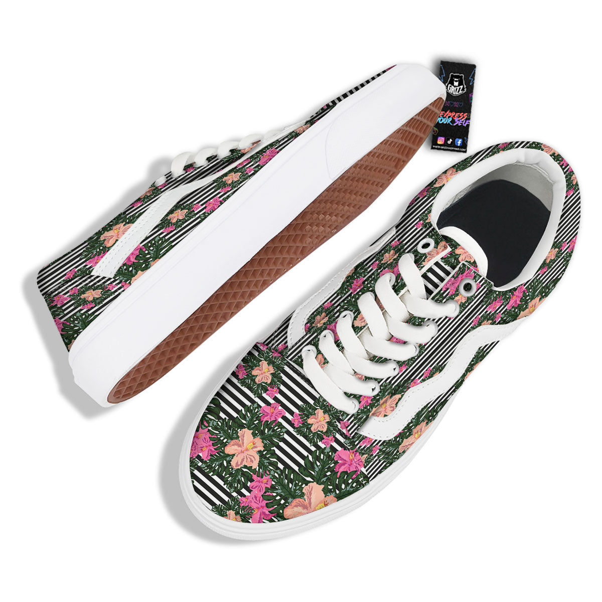 Striped Plumeria Flower Print Pattern Skate Shoes-grizzshop