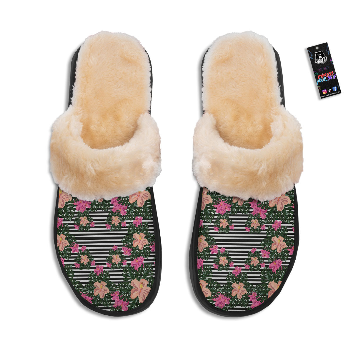 Striped Plumeria Flower Print Pattern Slippers-grizzshop