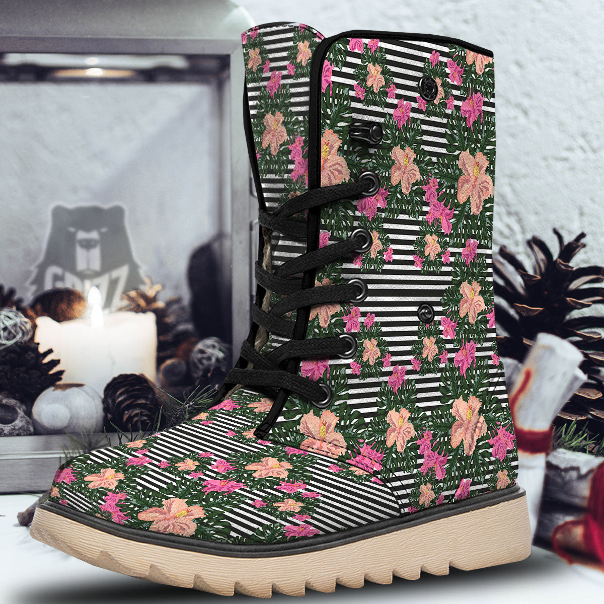 Striped Plumeria Flower Print Pattern Snow Boots-grizzshop