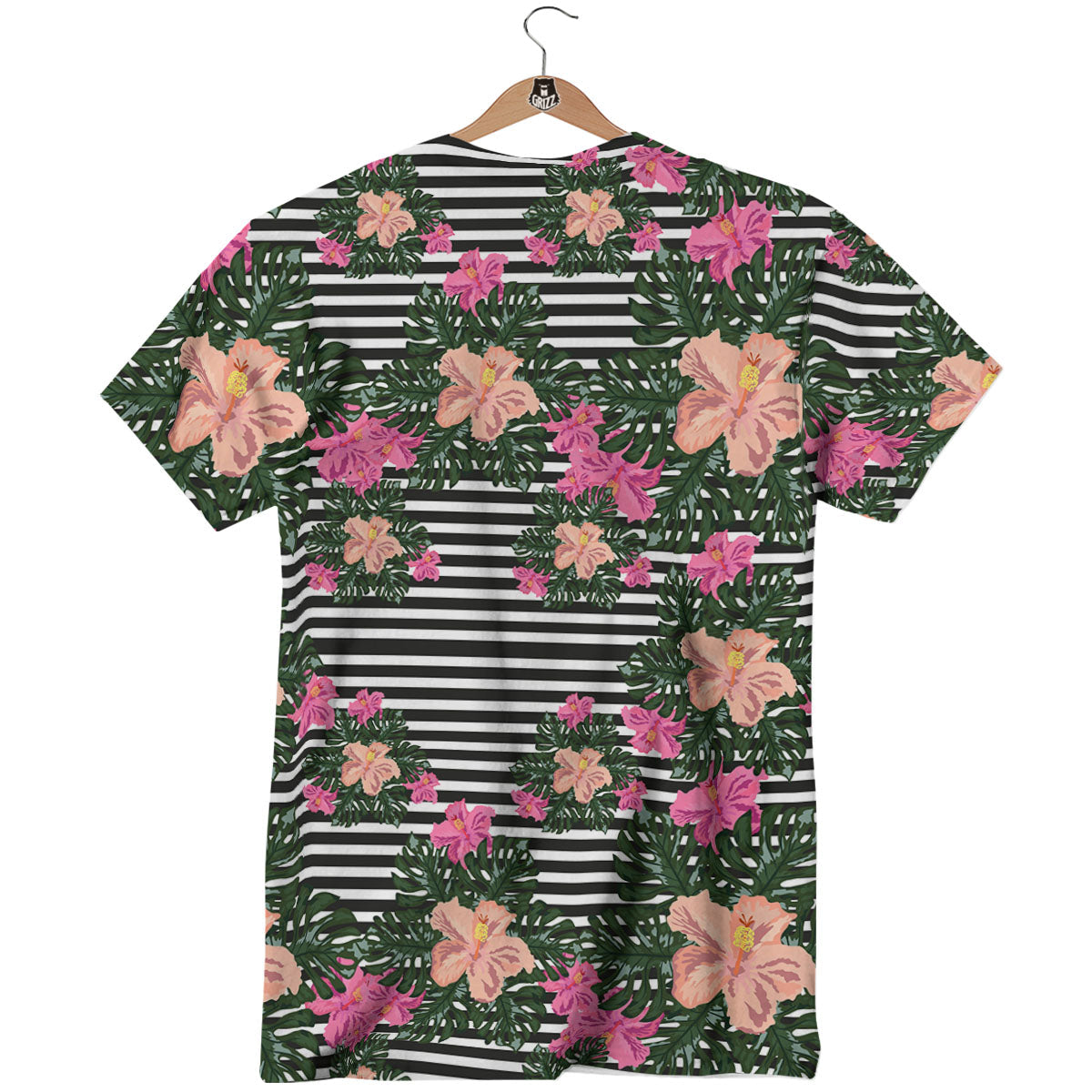 Striped Plumeria Flower Print Pattern T-Shirt-grizzshop