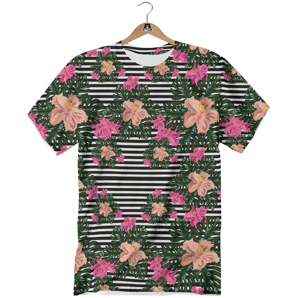 Striped Plumeria Flower Print Pattern T-Shirt-grizzshop
