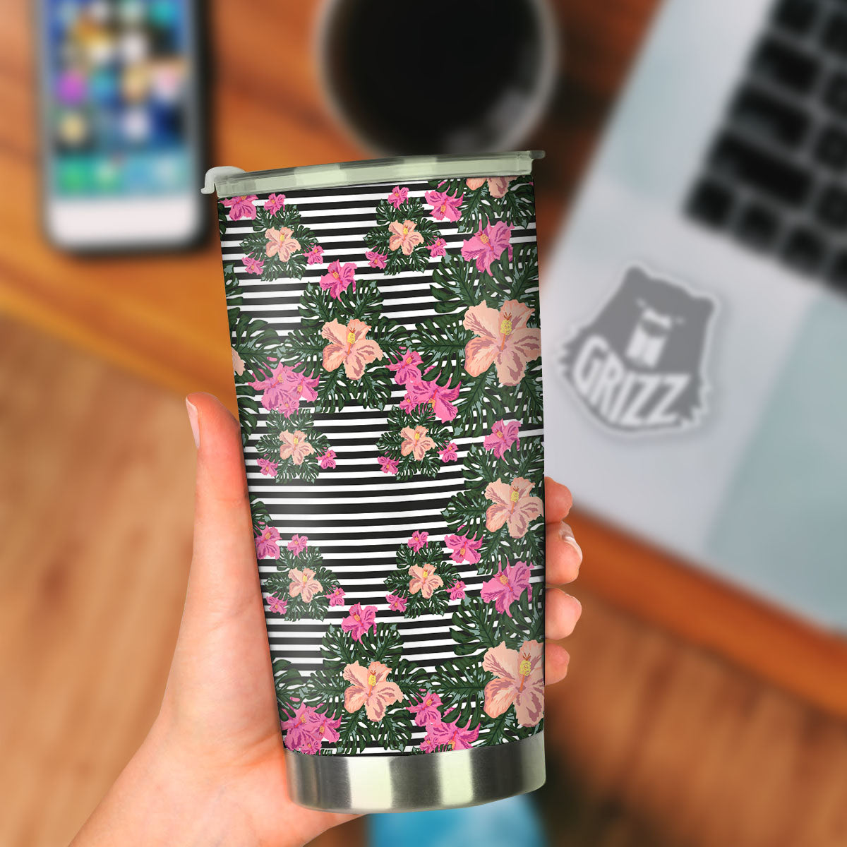 Striped Plumeria Flower Print Pattern Tumbler-grizzshop