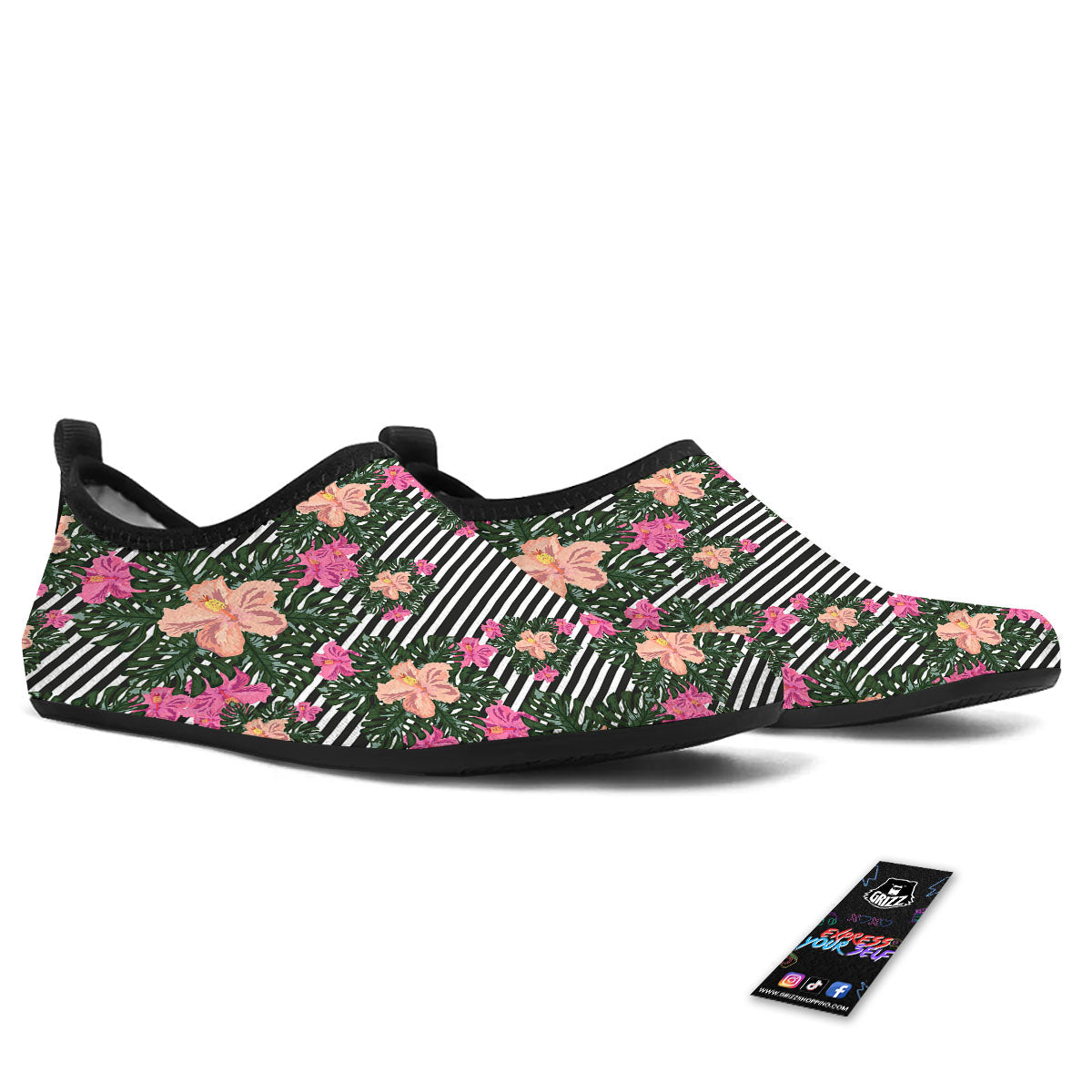 Striped Plumeria Flower Print Pattern Water Shoes-grizzshop