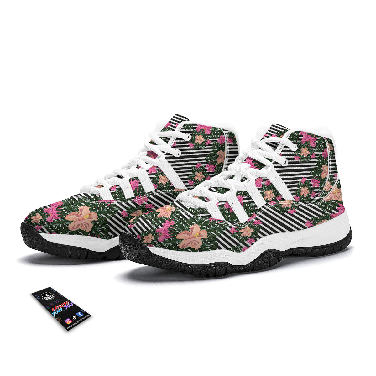 Striped Plumeria Flower Print Pattern White Bball Shoes-grizzshop