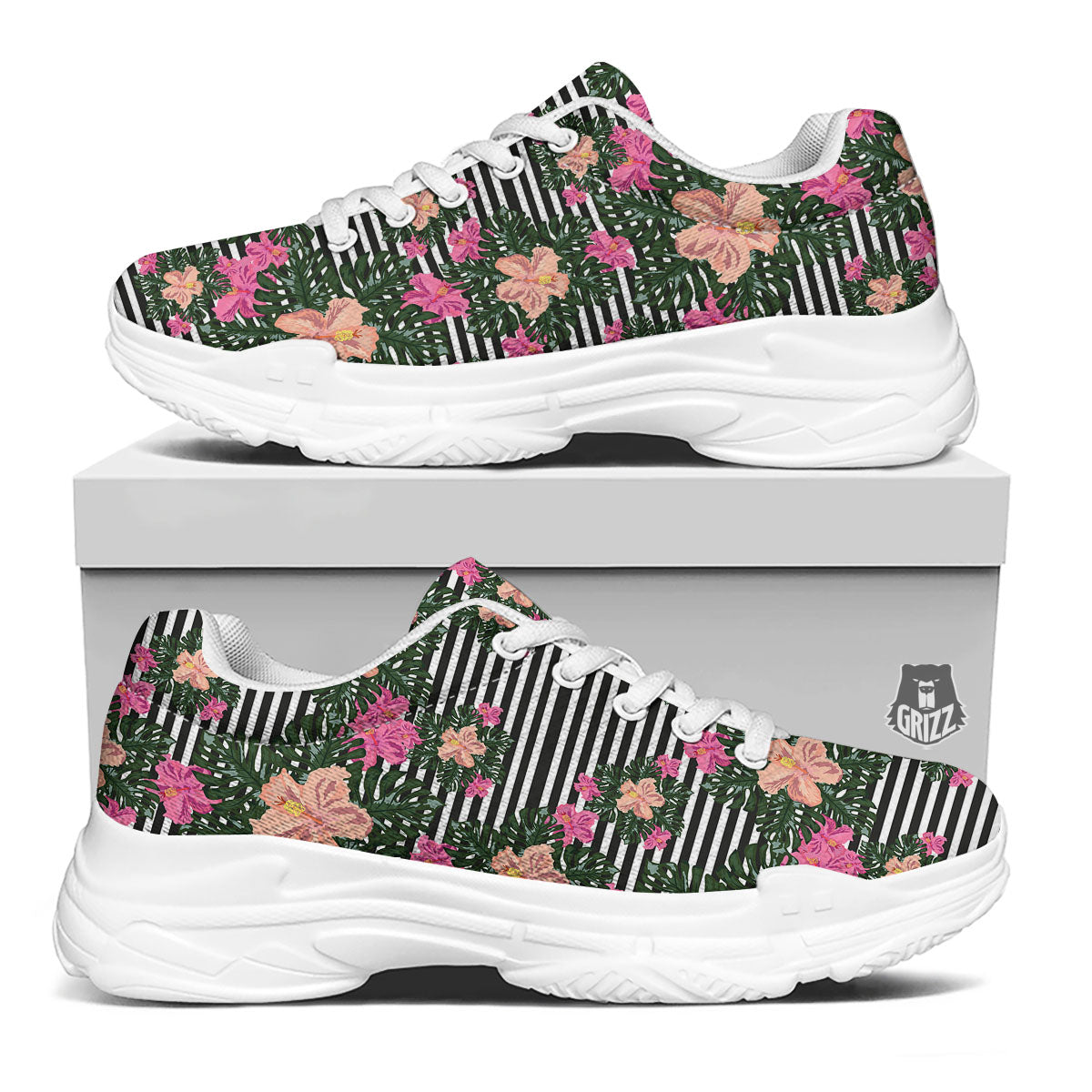 Striped Plumeria Flower Print Pattern White Chunky Shoes-grizzshop