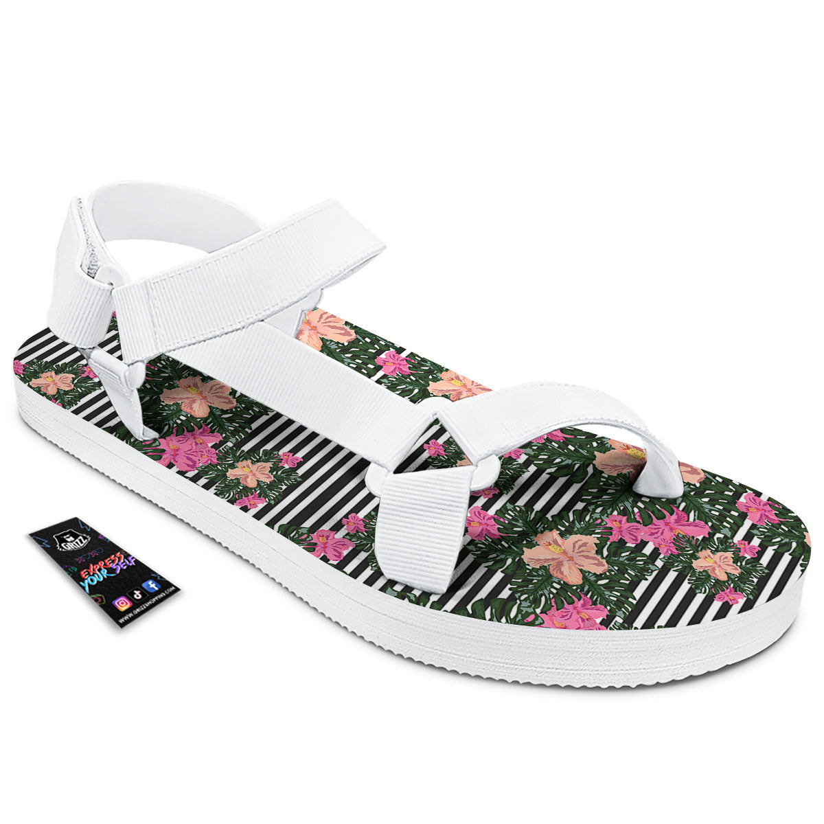 Striped Plumeria Flower Print Pattern White Open Toe Sandals-grizzshop