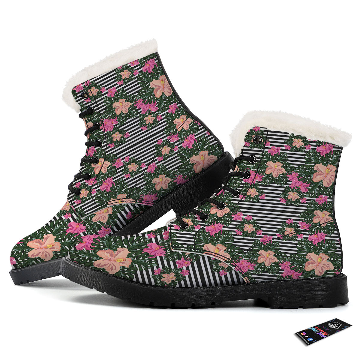 Striped Plumeria Flower Print Pattern Winter Boots-grizzshop